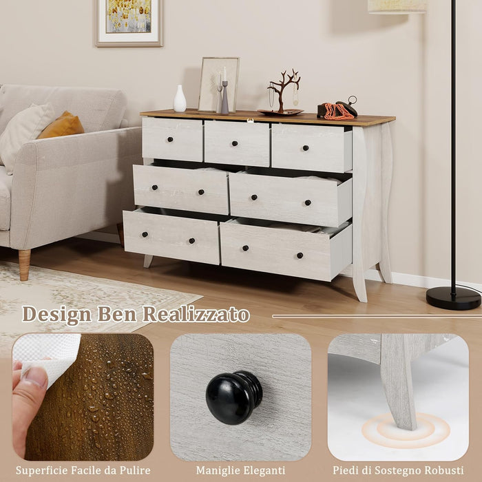 Cassettiera a 7 Cassetti in Tessuto, Cassettiera per Camera da Letto in Legno Rustico, Cassettiera Cameretta Salvaspazio per Soggiorno, Corridoio, Cucina, 120 x 38,5 x 77,5 cm (Grigio)