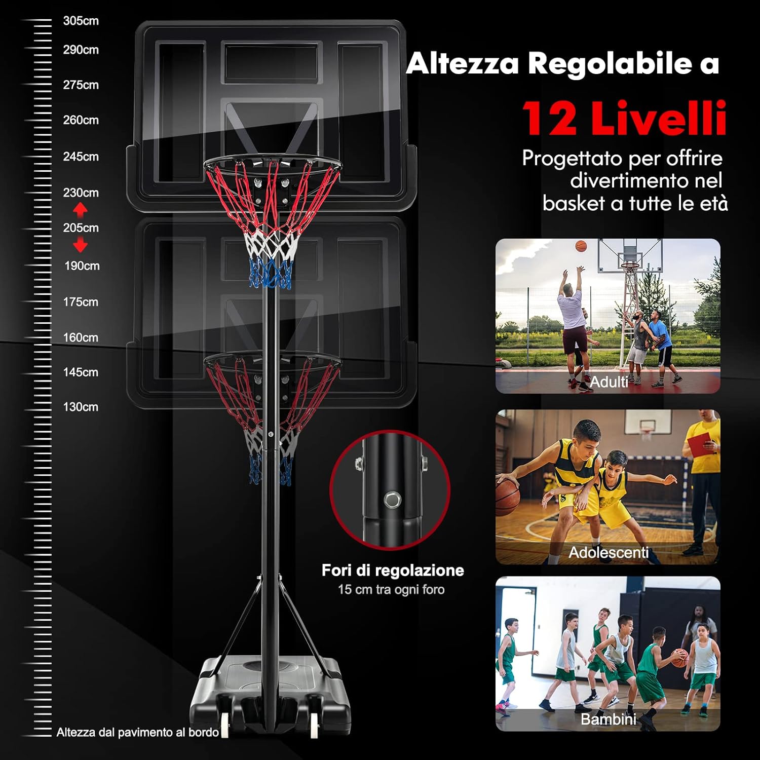 Canestro da Basket Regolabile in Altezza 130-305 cm, Resistente alle Intemperie con Tabellone da 110 cm, Canestro da Basket da Esterno ed Interno per Adulti e Adolescenti