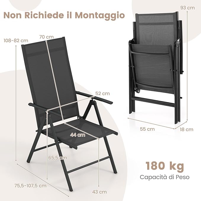 Sedia da Giardino Pieghevole, Sedia Pieghevole in Tessuto Texlilene, Sedie Reclinabili con Schienale Regolabile a 7 Livelli, Nessun Montaggio, Portata 180 kg (Nero,2)