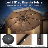 Ombrellone Esterno 300 cm, con 32 Luci LED, Ombrellone Giardino con Regolazione Inclinazione, Manovella e 8 Stecche, Parasole da Esterno con Tettuccio Ventilato a 3 Livelli