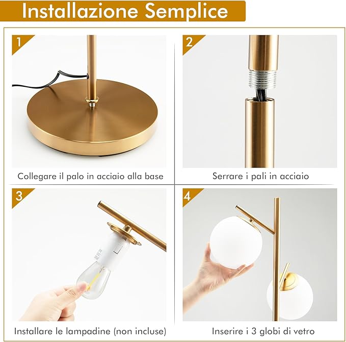 Lampada da Terra a 3 Globi, Lampada a Stelo Moderna con Comodo Interruttore a Pedale, 3 Basi per Lampadine e Robusto Palo in Metallo, Ideale per Salotto, Camera da Letto e Studio