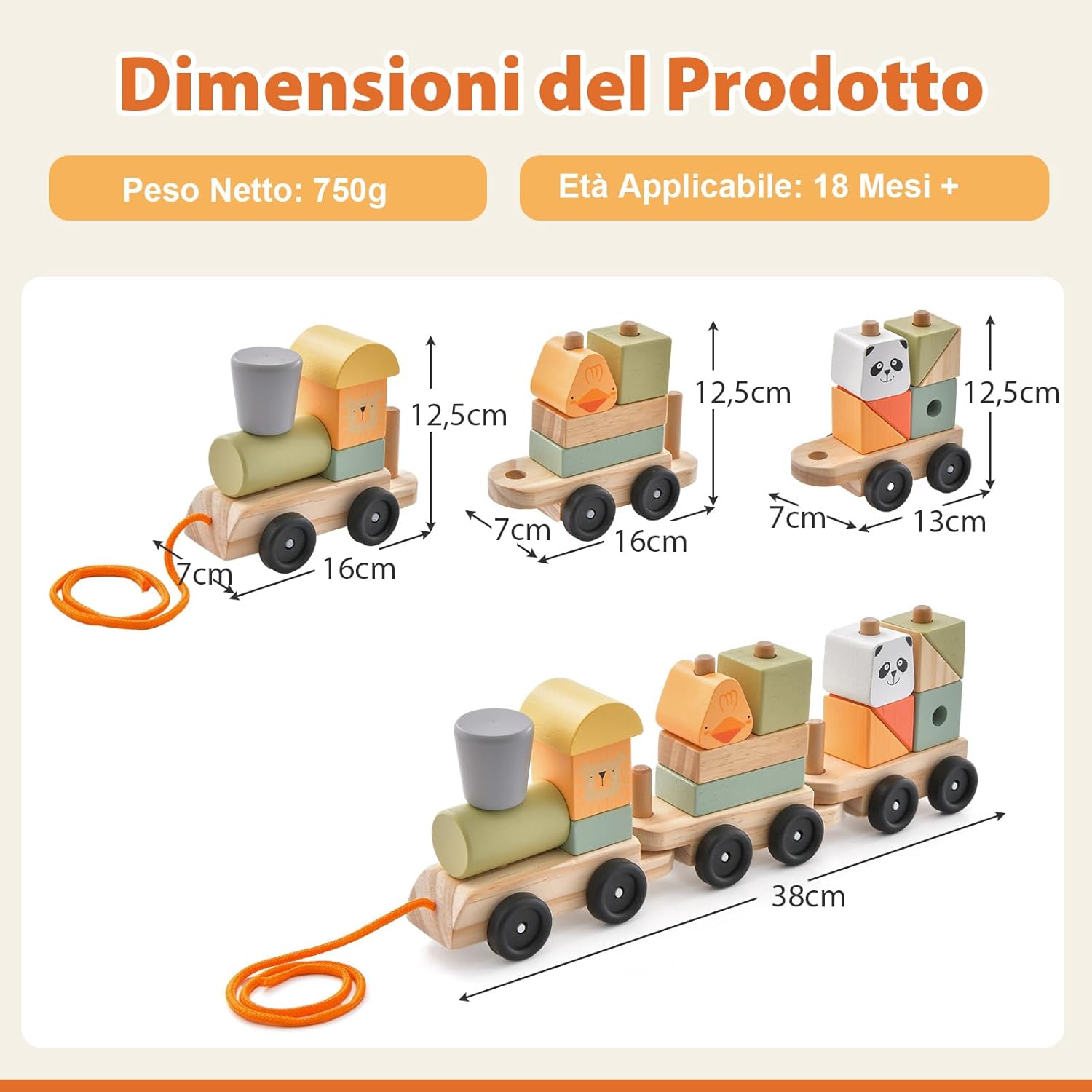 Trenino in Legno, Trenino Giocattolo a 3 Sezioni con Blocchi Impilabili, Corda di Traino, Design a Gancio, Trenino Giocattolo Educativo per Bambini 3 Anni+