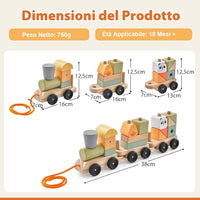 Trenino in Legno, Trenino Giocattolo a 3 Sezioni con Blocchi Impilabili, Corda di Traino, Design a Gancio, Trenino Giocattolo Educativo per Bambini 3 Anni+