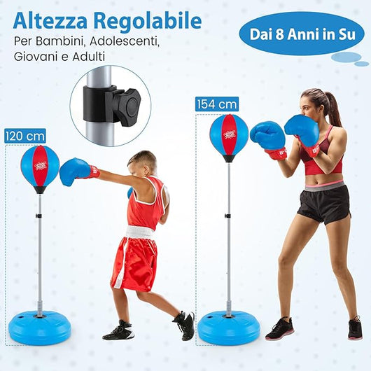 Punching Ball da Terra Altezza Regolabile 120-154 cm, Sacco di Pugilato con Guanti Inclusi, Palla di Boxe con Base per Adulti e Bambini