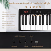 Tastiera Musicale 61 Tasti, Set Pianoforte Elettronico Portatile con Sgabello, Pianoforte Digitale Portatile con Supporto, Pedale Sustain, MIDI, USB e Funzione di APP Bluetooth