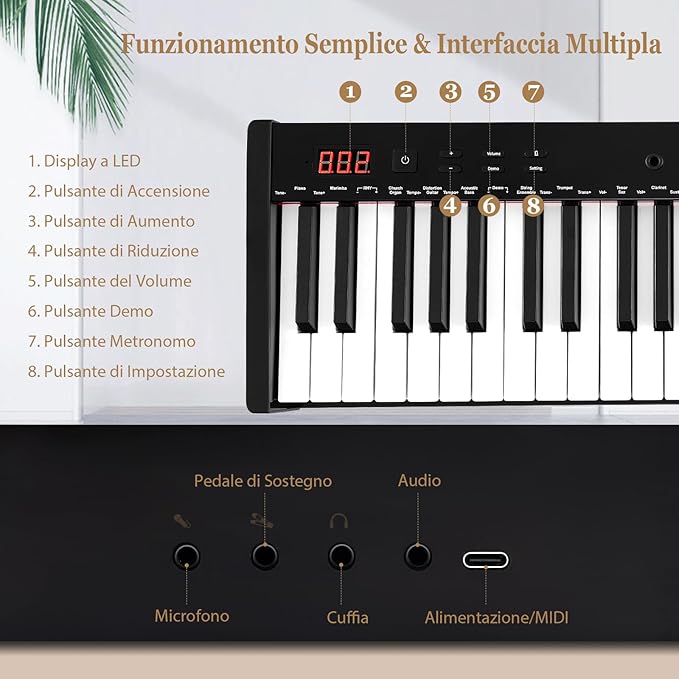 Tastiera Musicale 61 Tasti, Set Pianoforte Elettronico Portatile con Sgabello, Pianoforte Digitale Portatile con Supporto, Pedale Sustain, MIDI, USB e Funzione di APP Bluetooth