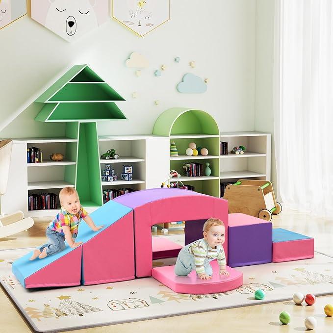 6 Blocchi di Schiuma per Arrampicata, Gioco Morbido per Bambini, Set di Costruzioni Colorate per Arrampicarsi e Strisciare con Tunnel, Scale e Rampetta per Bambini 12 Mesi + (Viola)
