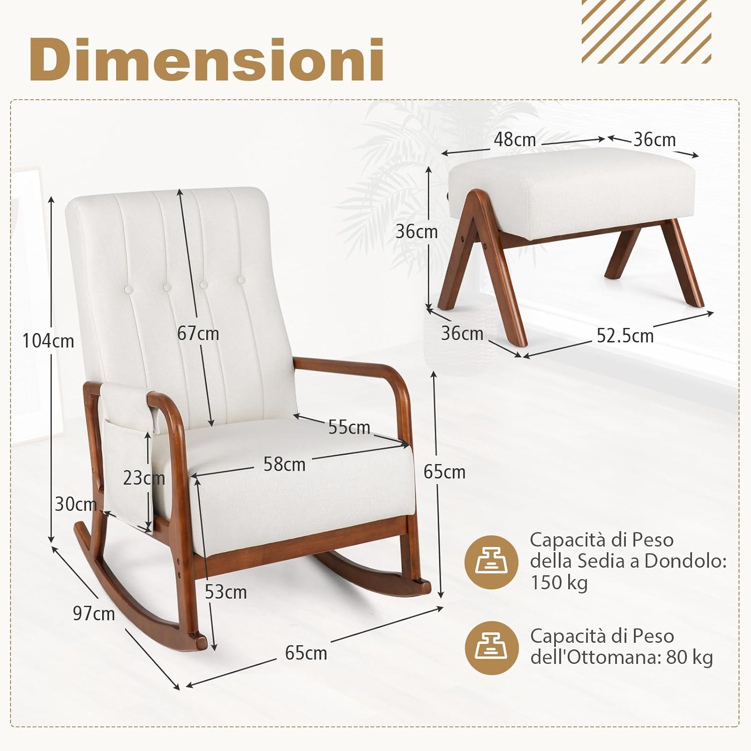 Poltrona Relax a Dondolo con Pouf, Sedia Soggiorno con Schienale Imbottito, Struttura in Legno, Tasca Laterale, Set Poltrona e Poggiapiedi per Soggiorno Camera da Letto