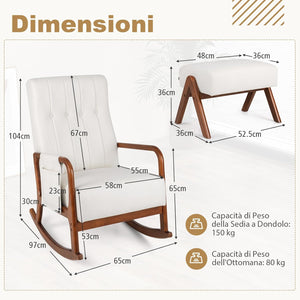 Poltrona Relax a Dondolo con Pouf, Sedia Soggiorno con Schienale Imbottito, Struttura in Legno, Tasca Laterale, Set Poltrona e Poggiapiedi per Soggiorno Camera da Letto