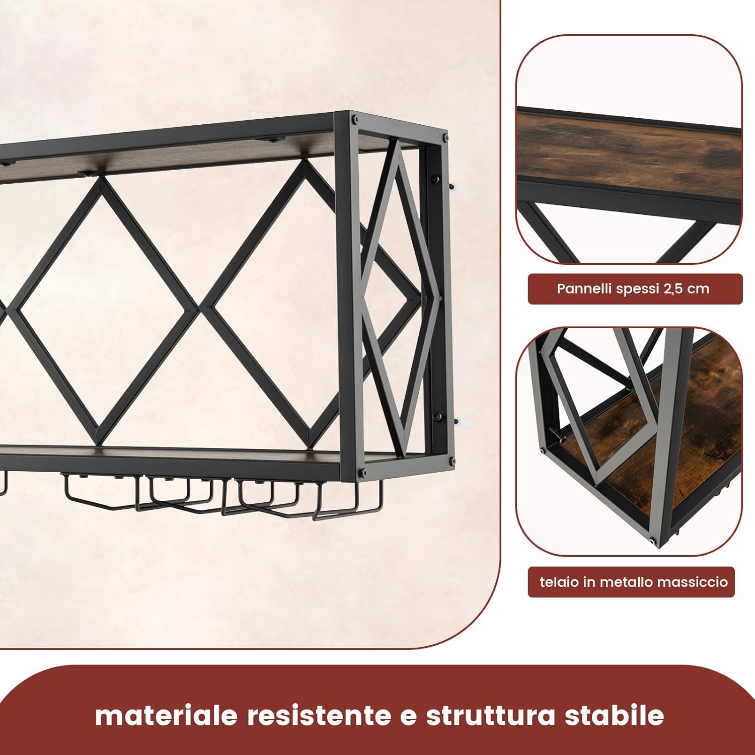 Portabottiglie da Parete, Scaffale per Esposizione di Vino con 6 File di Portabicchieri, Scaffale per Conservare 39 Bottiglie e 12 Bicchieri, Adatto per Cucina, Soggiorno, Sala da Pranzo