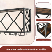 Portabottiglie da Parete, Scaffale per Esposizione di Vino con 6 File di Portabicchieri, Scaffale per Conservare 39 Bottiglie e 12 Bicchieri, Adatto per Cucina, Soggiorno, Sala da Pranzo