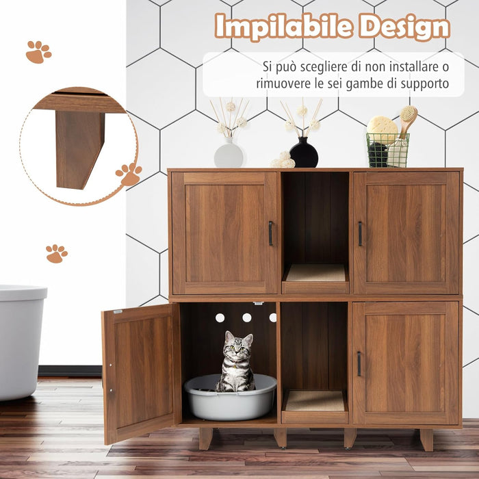 Mobile per Lettiera per Gatti 120 x 52 x 65 cm, Casetta per Gatti con 2 Ante, Fori, Tiragraffi e Gambe Staccabili, Mobile Versatile e Moderno per Salotto (Marrone)