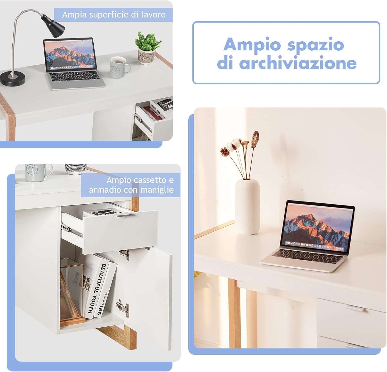 Scrivania Moderna per Computer, Postazione di Lavoro con Armadietto e Cassetto, Design Semplice ed Elegante, Scrivania con Superficie Liscia, Ideale per Casa e Ufficio