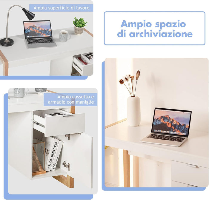 Scrivania Moderna per Computer, Postazione di Lavoro con Armadietto e Cassetto, Design Semplice ed Elegante, Scrivania con Superficie Liscia, Ideale per Casa e Ufficio