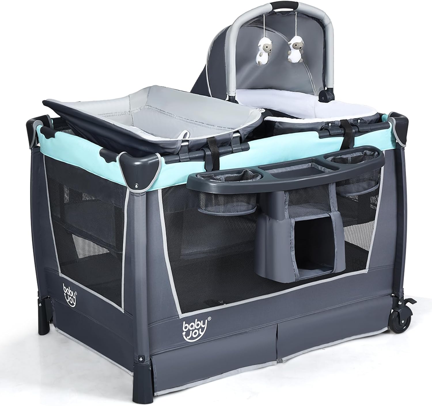 4 in 1 Lettino Neonato da Viaggio Pieghevole con Materasso, Culla da Campeggio con Fasciatoio e Giocattolo, per Bambini 0-36 Mesi fino a 15 kg (Grigio-Azzurro)