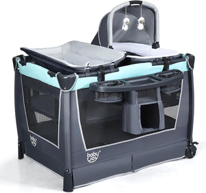 4 in 1 Lettino Neonato da Viaggio Pieghevole con Materasso, Culla da Campeggio con Fasciatoio e Giocattolo, per Bambini 0-36 Mesi fino a 15 kg (Grigio-Azzurro)