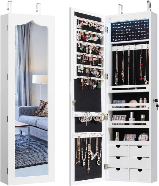 Armadio portagioielli con 5 Luci LED, Porta che Si Chiude, Armadio Portagioielli Montato a Muro con Specchio e 6 Cassetti, Organizer Gioielli con Tanto Spazio per Ragazze (Bianco)