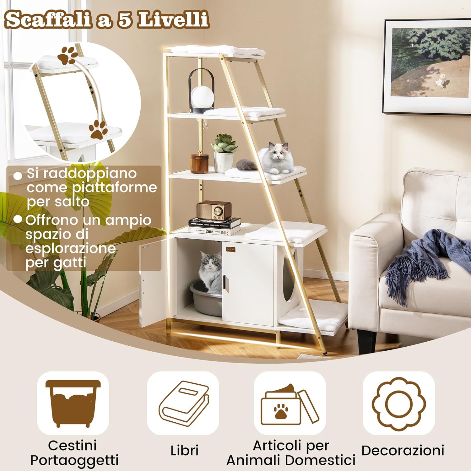 Lettiera per Gatti Salvaspazio, Mobile Nascosto 2 in 1 per Animali Domestici con Scaffale, Tappetini Rimovibili e Entrata a Forma di Testa di Gatto, Armadietto per Gatti per Salotto (Bianco)