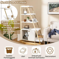 Lettiera per Gatti Salvaspazio, Mobile Nascosto 2 in 1 per Animali Domestici con Scaffale, Tappetini Rimovibili e Entrata a Forma di Testa di Gatto, Armadietto per Gatti per Salotto (Bianco)