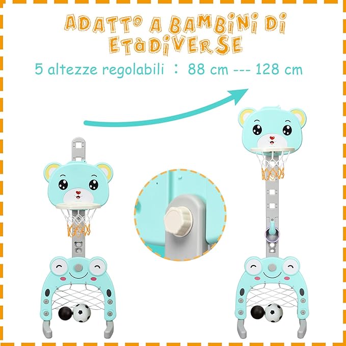 Canestro da Basket, Centro Attività 3 in 1 per Bambini, Canestro da Basket con Porta da Calcio e Gioco degli Anelli, Set Basket e Calcio a Forma di Orso, Ideale per Bambini (Verde)