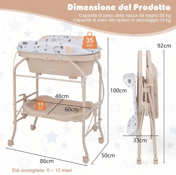 Fasciatoio con Vaschetta da Bagno per Bagnetto, Fasciatoio Pieghevole Salvaspazio con Materassino in PVC e Ruote, 0-12 Mesi fino a 11kg (Beige)
