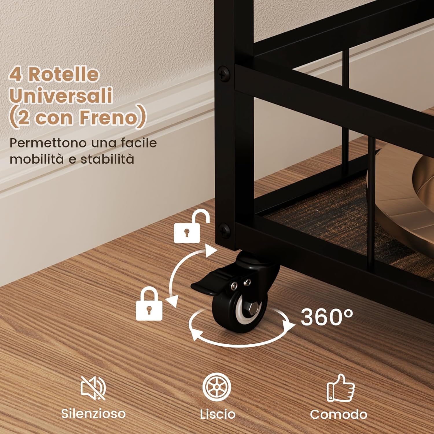 Carrello da Cucina a 3 Ripiani, Carello in Legno con 4 Ruote Universali a Freno e Vasoio Rimovibile, Carrello con Supporti per Bicchieri e Bottiglie di Vino, 84 x 40 x 90 cm, Marrone Rustico