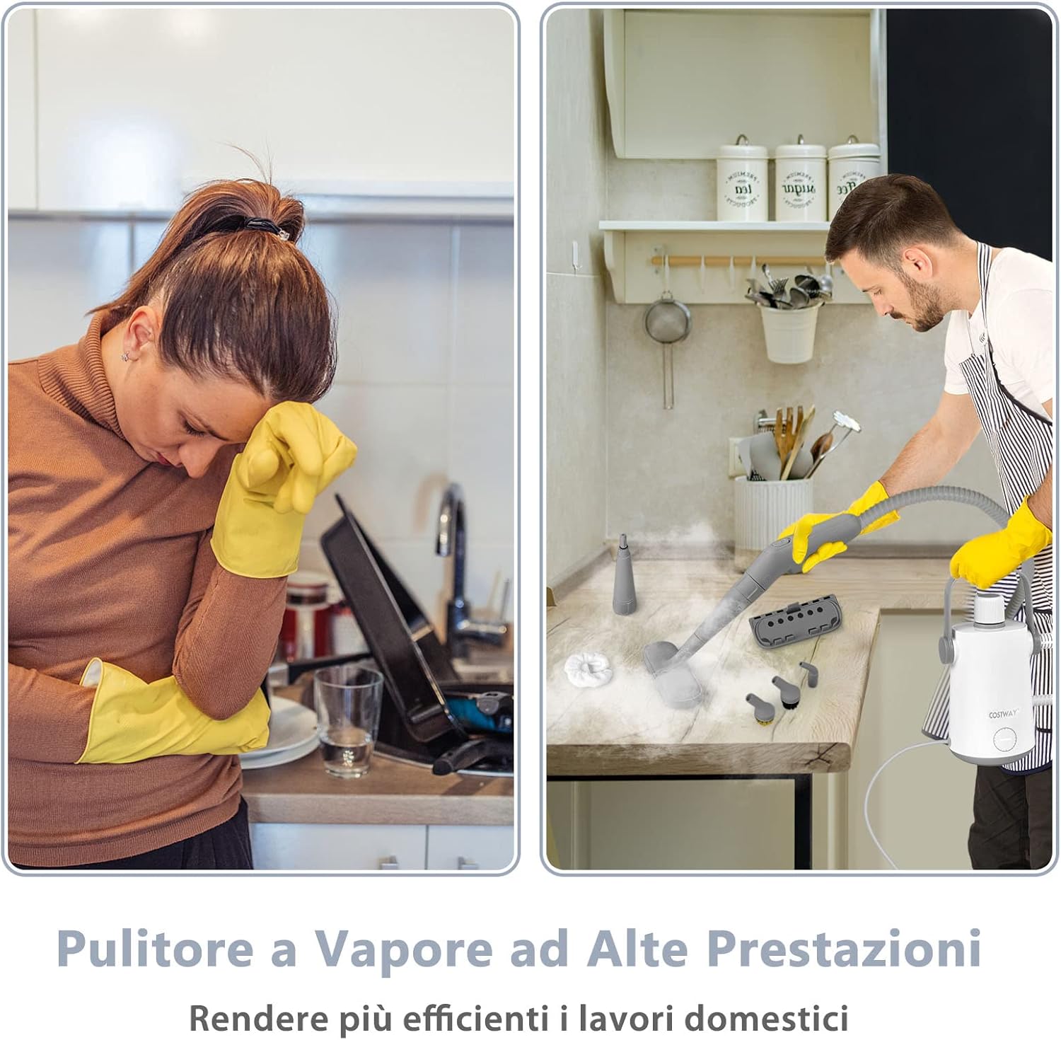 1000W Pulitore a Vapore Multiuso, Macchina a Vapore Portatile con 10 Accessori Serbatoio da 300 ml, Pulizia a Vapore con Tubo Flessibile per Cucina Bagno Finestre (Grigio)