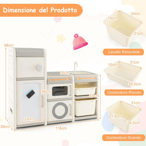 Mobile Porta Giochi per Bambini, Scaffale e Libreria Giochi Multiuso con Lavagna Magnetica Lavello e Rubinetto Rimovibili, Ante e Contenitori, Mobile per Bambini con Pennarelli e Cancellino