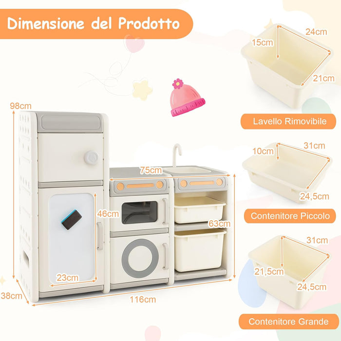 Mobile Porta Giochi per Bambini, Scaffale e Libreria Giochi Multiuso con Lavagna Magnetica Lavello e Rubinetto Rimovibili, Ante e Contenitori, Mobile per Bambini con Pennarelli e Cancellino