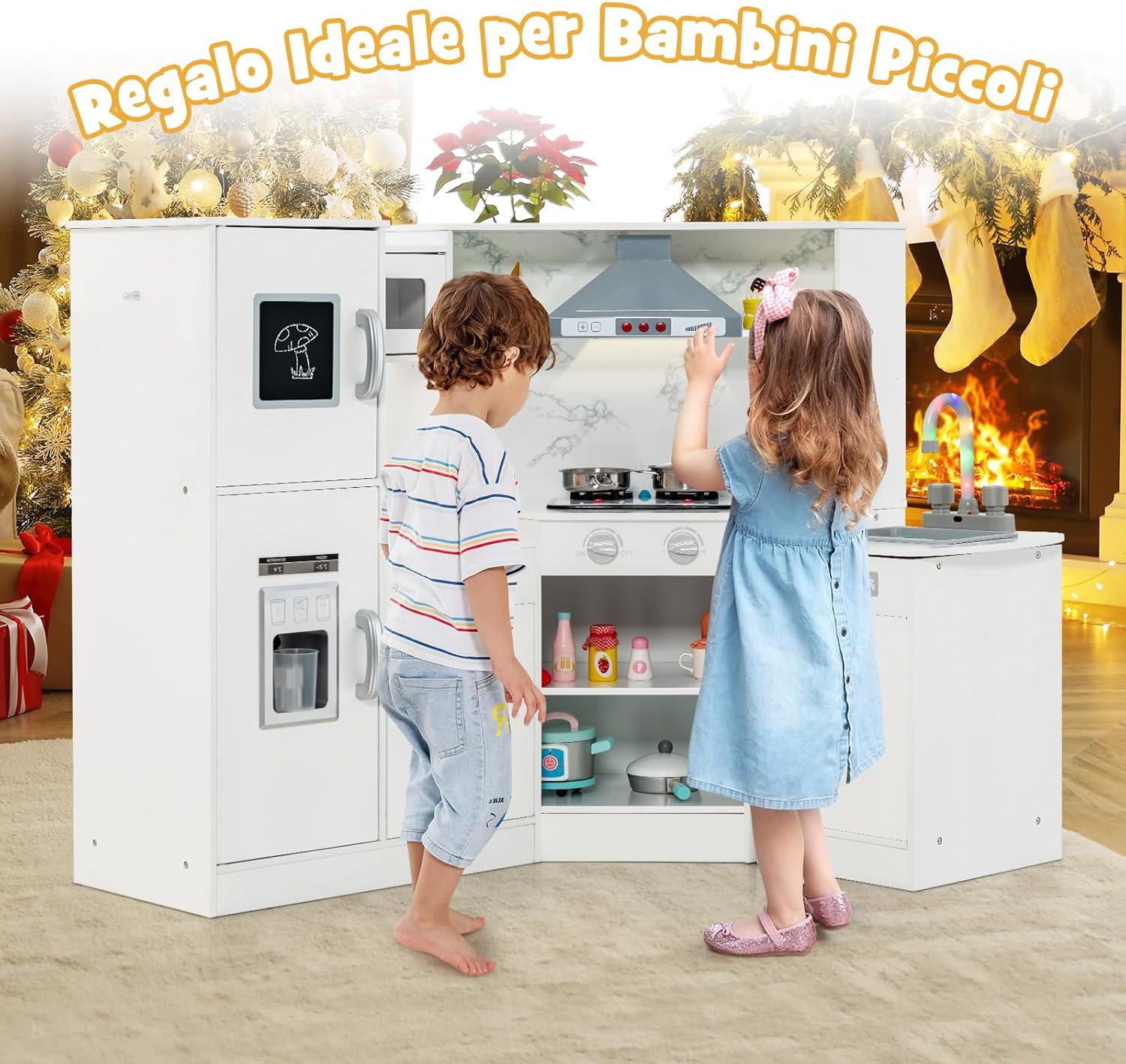 Set di Cucina Giocattolo per Bambini, con Suoni e Luci Divertenti, Lavabo, Forno a Microonde, Macchina del ghiaccio e Lavastoviglie, Lavagna, Ideale per Bambini 3 Anni+ (Bianco)