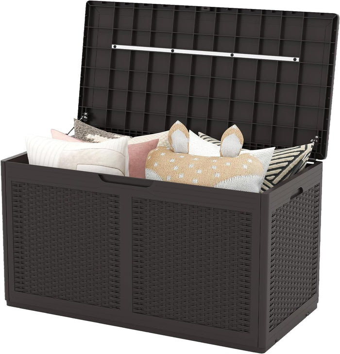 Baule da Esterno 380 L Impermeabile, Cassapanca Contenitore in Rattan con Coperchio Bloccabile e Ruote, Baule Salvaspazio per Mantenere Cuscini e Attrezzi da Interno e Esterno (Marrone)