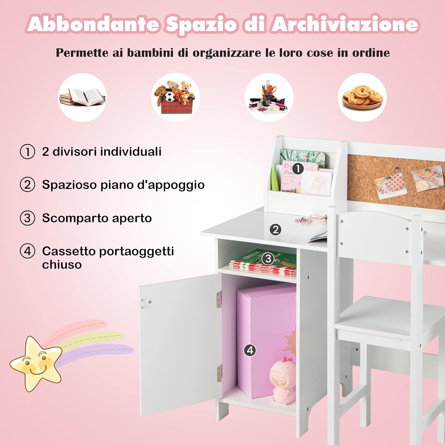 Set di Scrivania e Sedia per Bambini, Scrivania per Bambini con Cassetto, Armadietti e Scaffale, Bianco, 90 x 45 x 86 cm