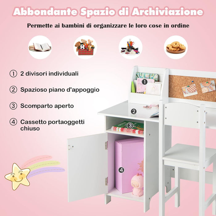 Set di Scrivania e Sedia per Bambini, Scrivania per Bambini con Cassetto, Armadietti e Scaffale, Bianco, 90 x 45 x 86 cm