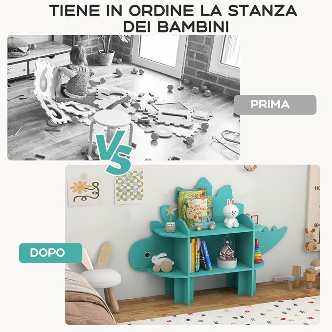 Libreria in Legno per Bambini, Organizzatore di Archiviazione Giocattoli con Ripiani, Adorabile Scaffale con Anti-Ribaltamento per Stanza dei Bambini Sala Giochi Asilo (Dinosauro)