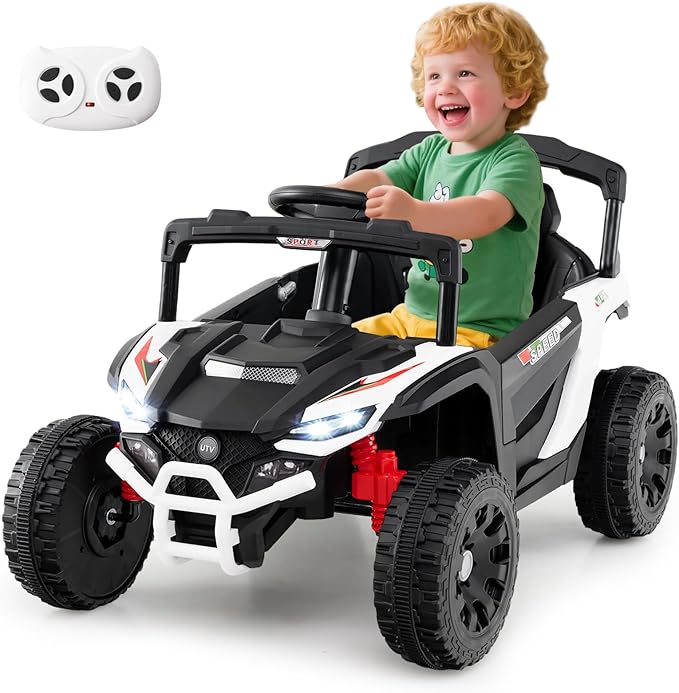 12V Macchina Elettrcia per Bambini, UTV Auto Elettrica con Telecomando, 3 Velocità, Luci LED, Musica, Clacson e Sospensioni a Molla, 3-5 km/h, Ideale per Bambini 3 Anni+ (Bianco)