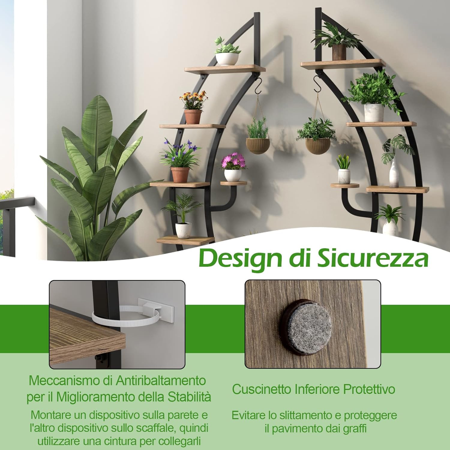 Scaffale per Piante a 7 Livelli, Scaffale a Forma di Mezza Luna con Gancio e Dispositivo Antiribaltamento, Porta Piante e Fiori per Interno, Balcone e Soggiorno, 60 x 30 x 155 cm (2 PEZZI)