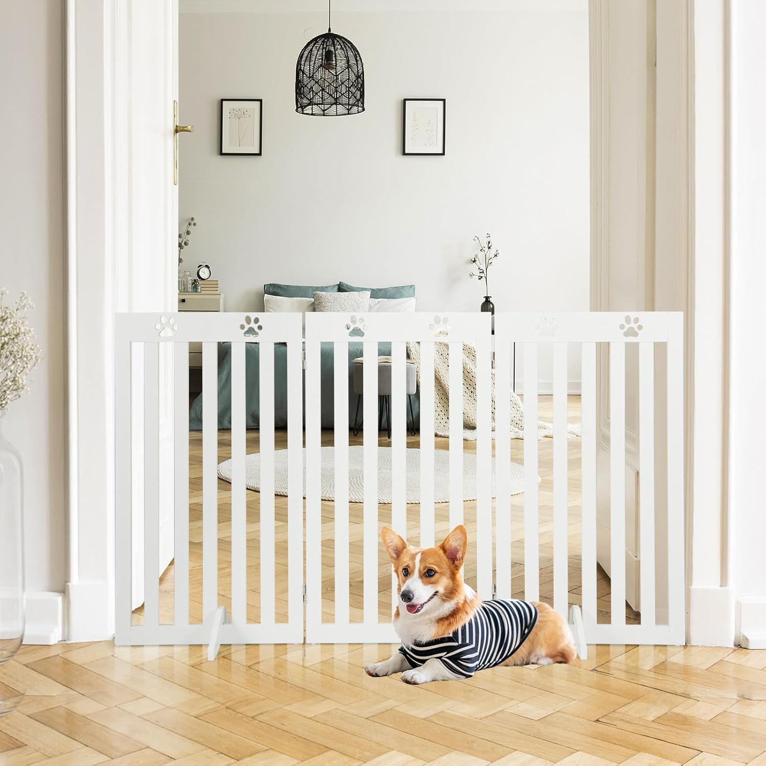 Cancelletto per Cani di Legno Pieghevole, con 3/4 Pannelli e Cuscinetti Antiscivolo, Ideale per Scale e Porta d'Ingresso,151,5 x 89,5 cm (Bianco, 3 Pannelli)
