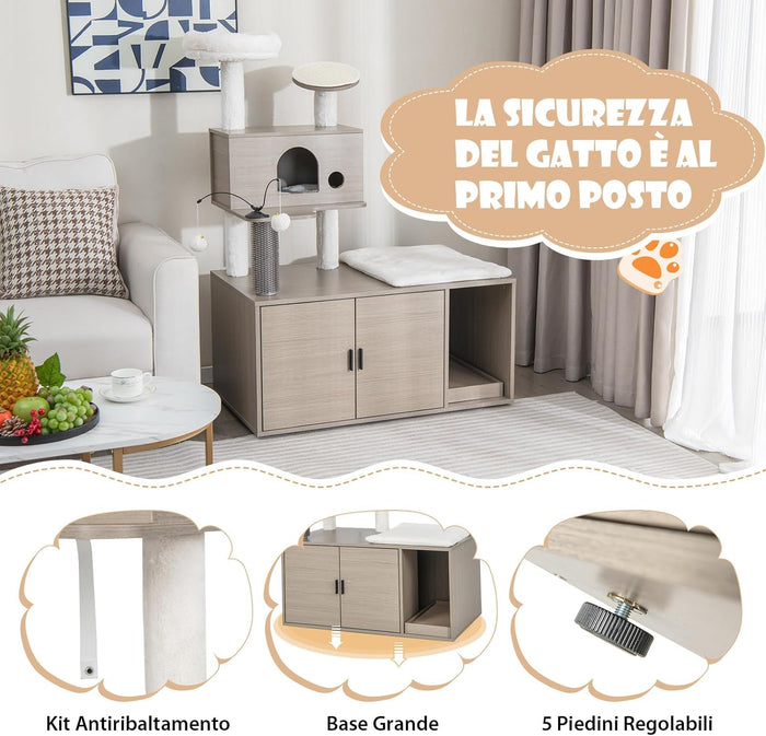Albero per Gatti con Mobile per Lettiera, Torre per Gatti Moderna 2-in-1 con Cuccia, Piattaforma Superiore, Tiragraffi, Piattaforme Multiple e Palline