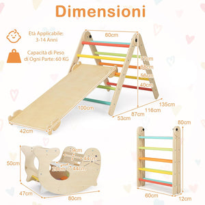 7 in 1 Set di Arrampicate per Bambini, Arrampicatore Pieghevole in Legno con Scivolo Reversibile, Dondolo e Arrampicata, Tavolo e Tunnel, per Bambini 3-14 Anni (Colorato)