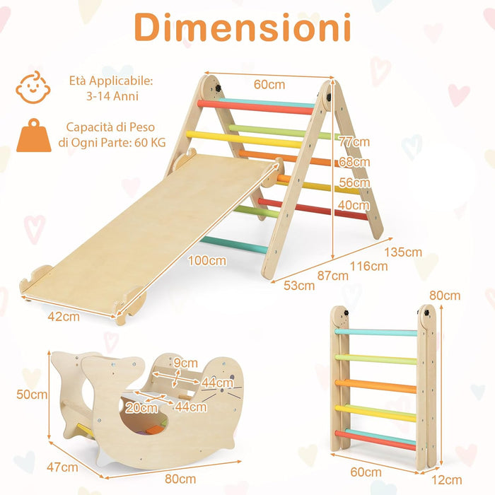 7 in 1 Set di Arrampicate per Bambini, Arrampicatore Pieghevole in Legno con Scivolo Reversibile, Dondolo e Arrampicata, Tavolo e Tunnel, per Bambini 3-14 Anni (Colorato)