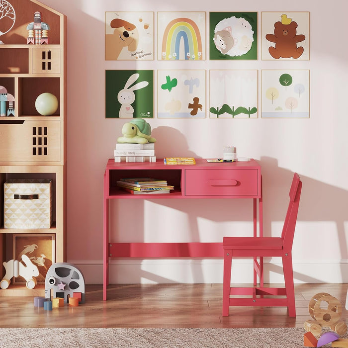 Set Tavolo e Seide per bambini in Legno, Scrivania e Sedia con Cassetto e Scomparto, Tavolino e Sedia per Cameretta, Soggiorno e Scuola (Rosa)