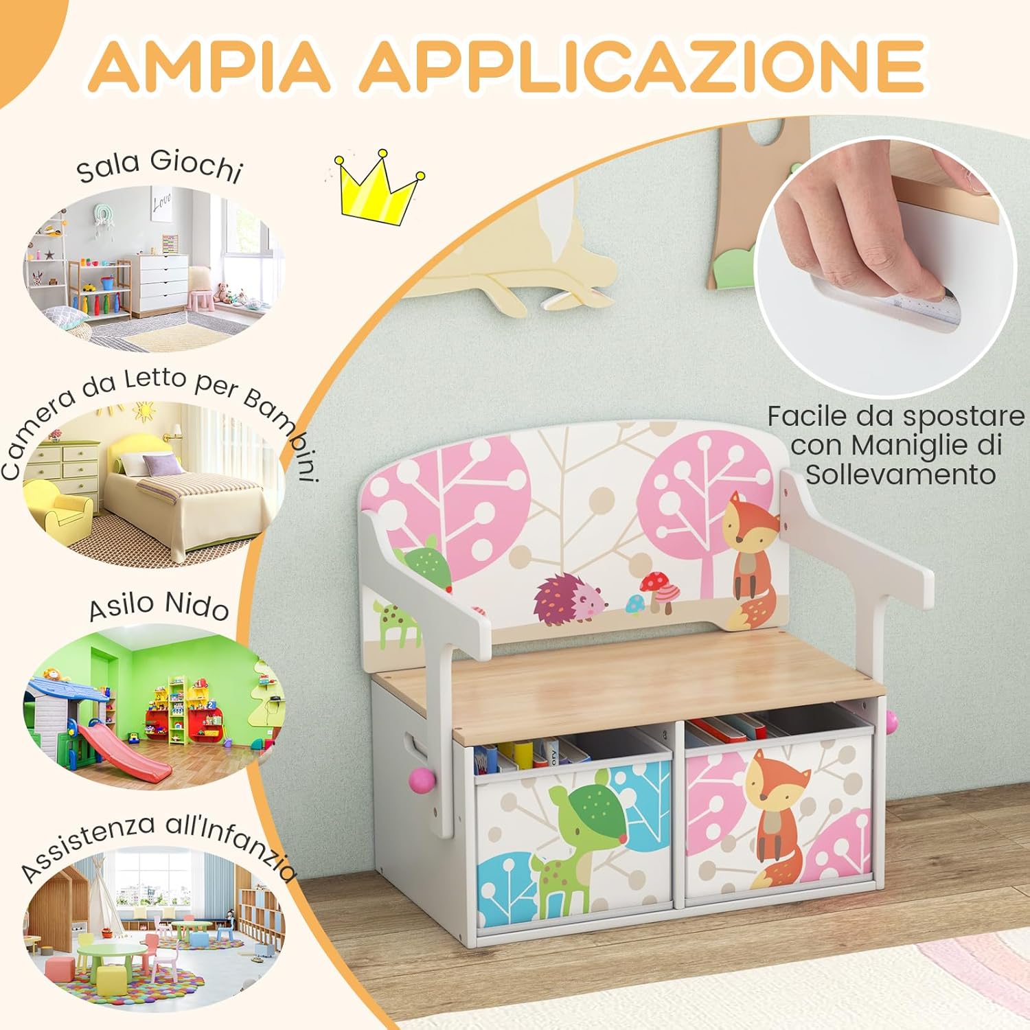 Cassapanca Contenitore 3 in 1 per Bambini Trasformabile in Legno con 2 Cassetti in Tessuto, Tavolo bambini con Sedie Multifunzione, Scatola dei Giocattoli per 3-7 Anni (Bianco)