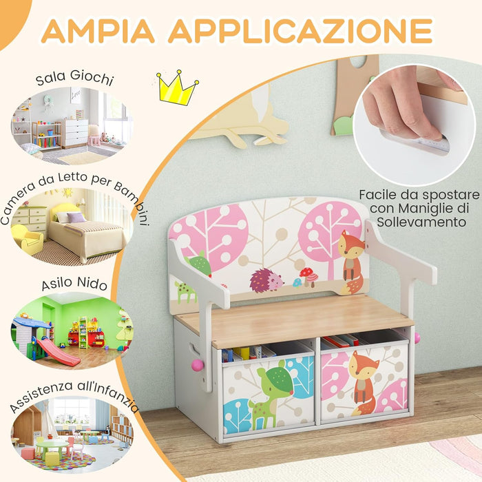 Cassapanca Contenitore 3 in 1 per Bambini Trasformabile in Legno con 2 Cassetti in Tessuto, Tavolo bambini con Sedie Multifunzione, Scatola dei Giocattoli per 3-7 Anni (Bianco)