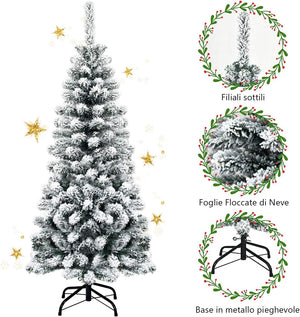 Albero di Natale Innevato 140/180/225 cm, Albero di Natale Artificiale Slim con 242/500/641 Rami Realistici e Folti e Base Pieghevole di Metallo, Apertura a Ombrello (140 cm)