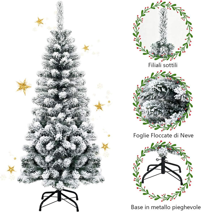 Albero di Natale Innevato 140/180/225 cm, Albero di Natale Artificiale Slim con 242/500/641 Rami Realistici e Folti e Base Pieghevole di Metallo, Apertura a Ombrello (140 cm)