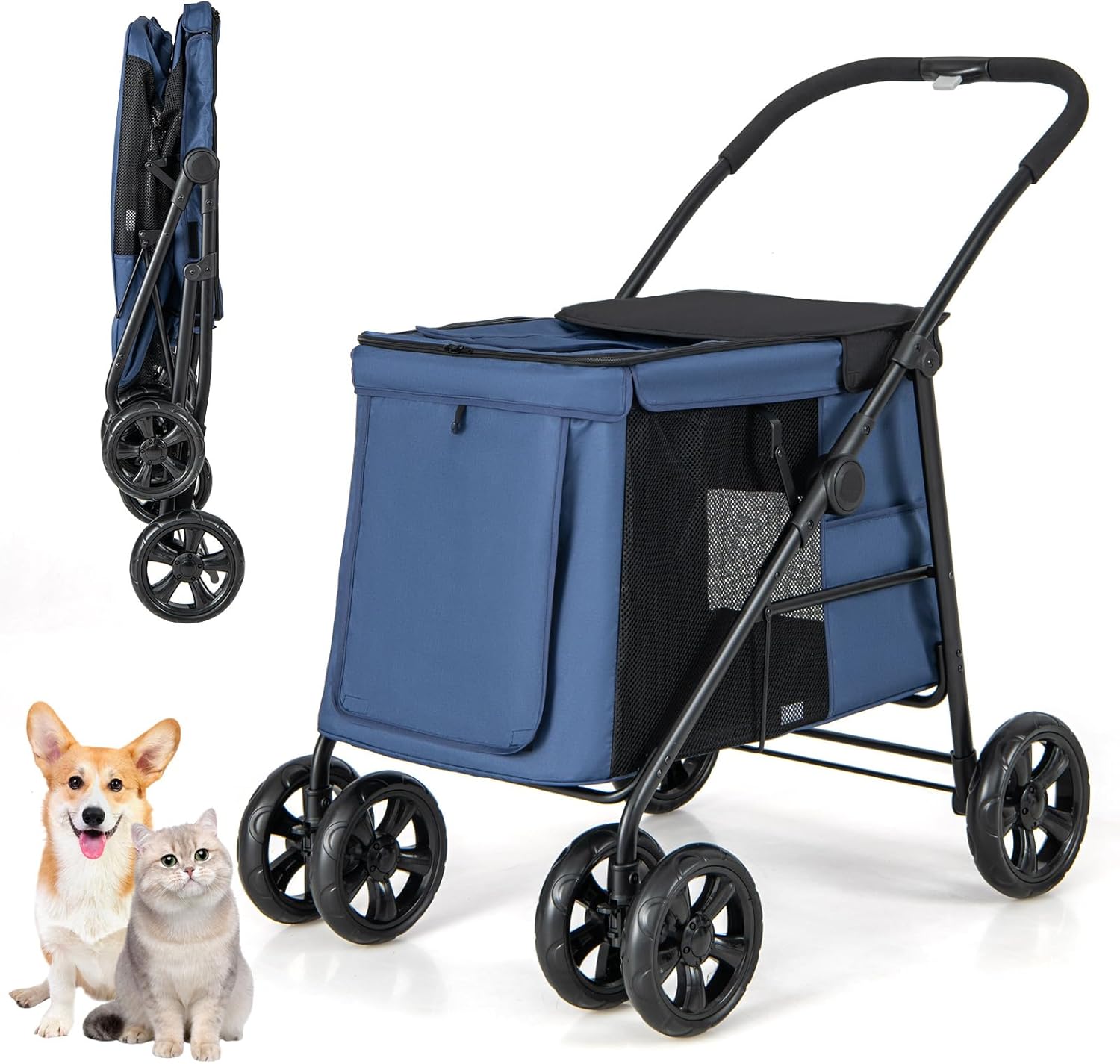 Passeggino per Cani Pieghevole, Carrello a 4 Ruote per Animali Domestici Piccoli e Medi, Trasportino Portatile con Ruote, Lucernario e Tasche, Chiusura Rapida (Blu)