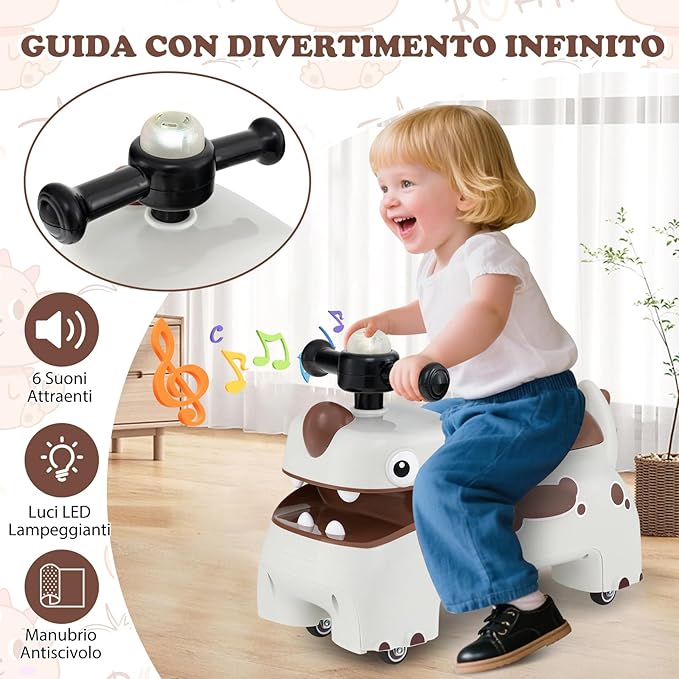 Macchina a Spinta per Bambini, Giocattolo Cavalcabile con Spazio Nascosto Luci Musica e Clacson, Macchina da Passeggio a Spinta con 4 Ruote, Regalo per Bambini 18+ Mesi (Bianco)