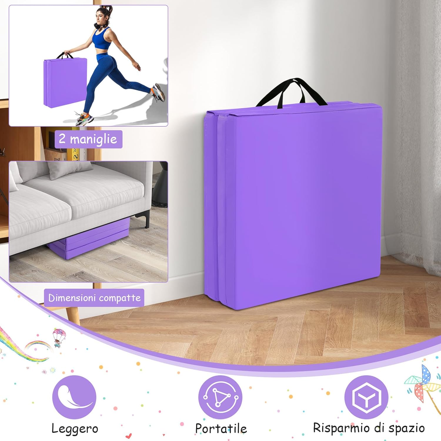 Tappetino da Yoga Spesso, Tappetino Fitness Pieghevole e Portatile con Imbottitura in EPE, Cerniera e Maniglie, Materassino Allenamento da Casa e Palestra,180 x 60 x 5 cm