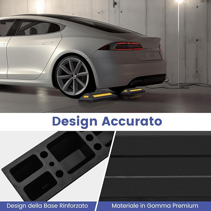 Ferma Ruota per Veicoli da Garage, Set di Fermaruote in Gomma per Parcheggi, con Strisce Riflettenti, per Uso Interno ed Esterno, 54,5 x 16 x 9 cm