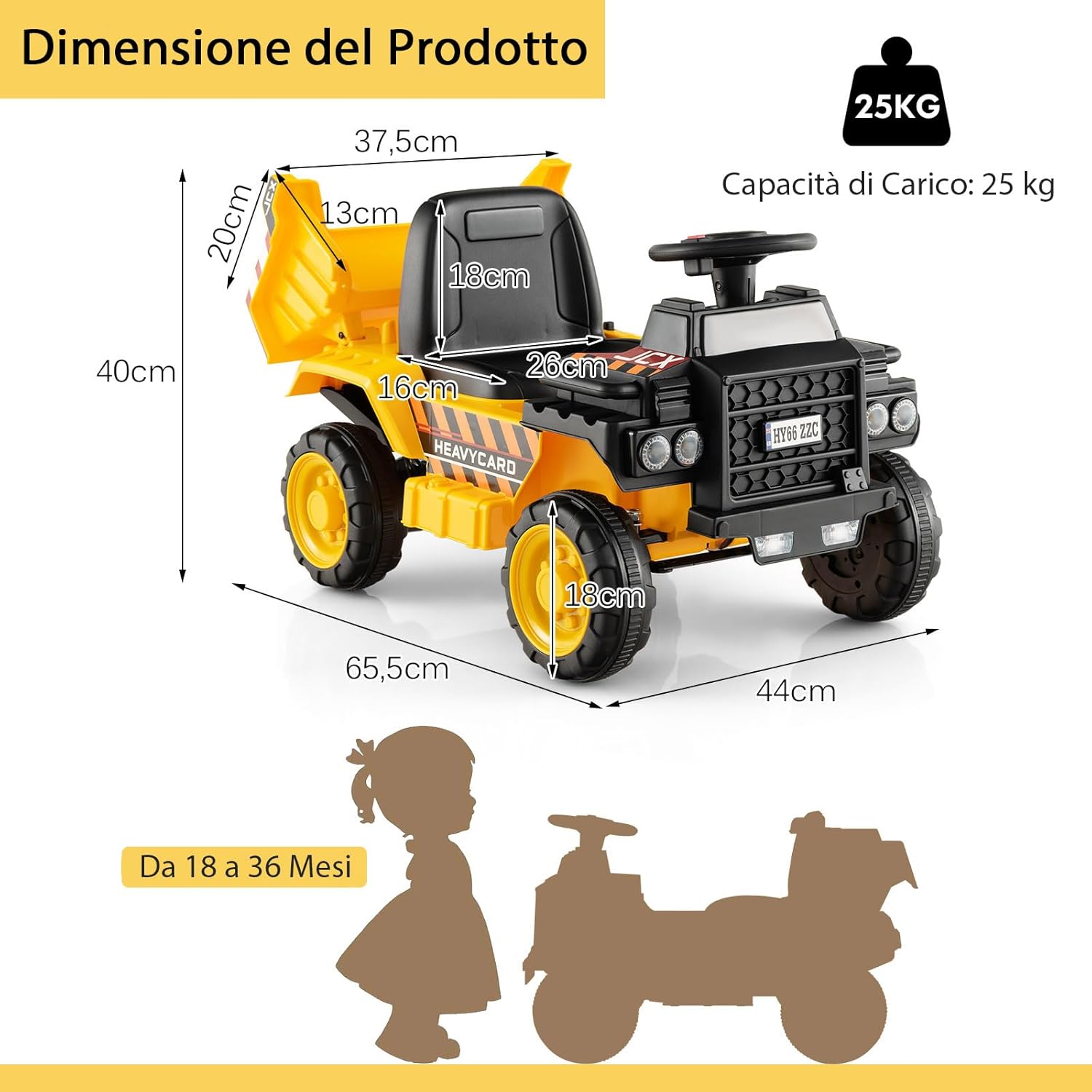 6V Veicolo da Costruzione Cavalcabile per Bambini, con Ruote Resistenti all'Usura Casco di Sicurezza, Escavatore Giocattolo, 44x65,5x40 cm